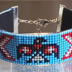 Native American Thunderbird Beaded Bracelet with Leather backing and metal clasp